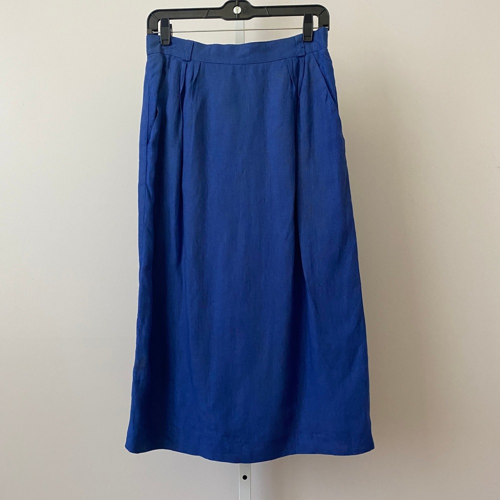 Escada 100% Linen Lagenlook Office Siren Pleated Midi Skirt 40 Blue